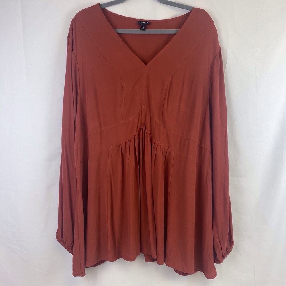 Torrid Babydoll Rayon Crepe Top Rust V Neck Tunic Long Sleeve Solid Size 3XL